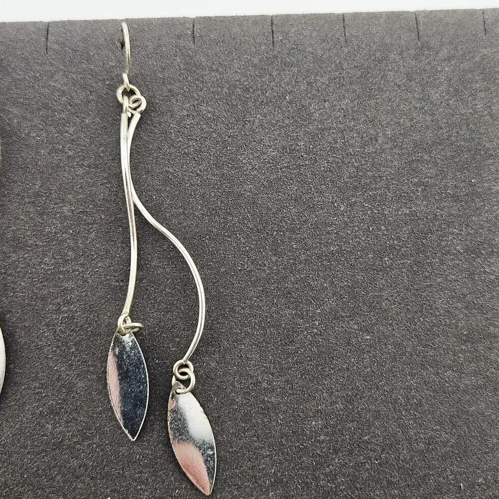 Silver Tone Elongated Metal Swirl Teardrop Charm Earrings Whimsical Dainty Glam
